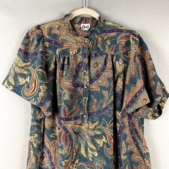 VTG Chez California Paisley Dress Women Large Jewel Tone Pearl Button 70s 80s - Picture 2 of 14